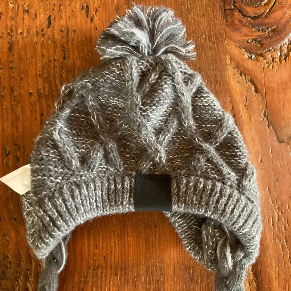 Dog Pom Pom Knit Hat, Size Small, Grey and White